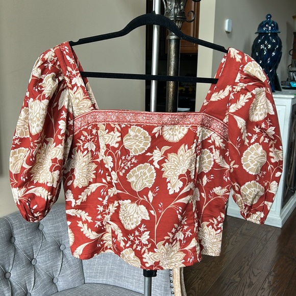 Antonio Melani Floral Puff Sleeve Top |Rust Red Beige | Square Neck |NWT Size 14 - Picture 2 of 8